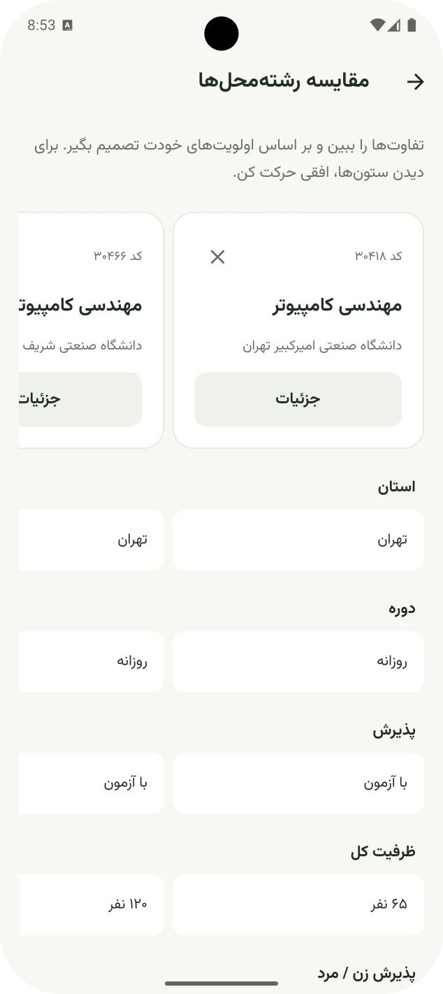 مقایسهٔ مهندسی کامپیوتر امیرکبیر و شریف کنار هم: استان، دوره، روش پذیرش و ظرفیت